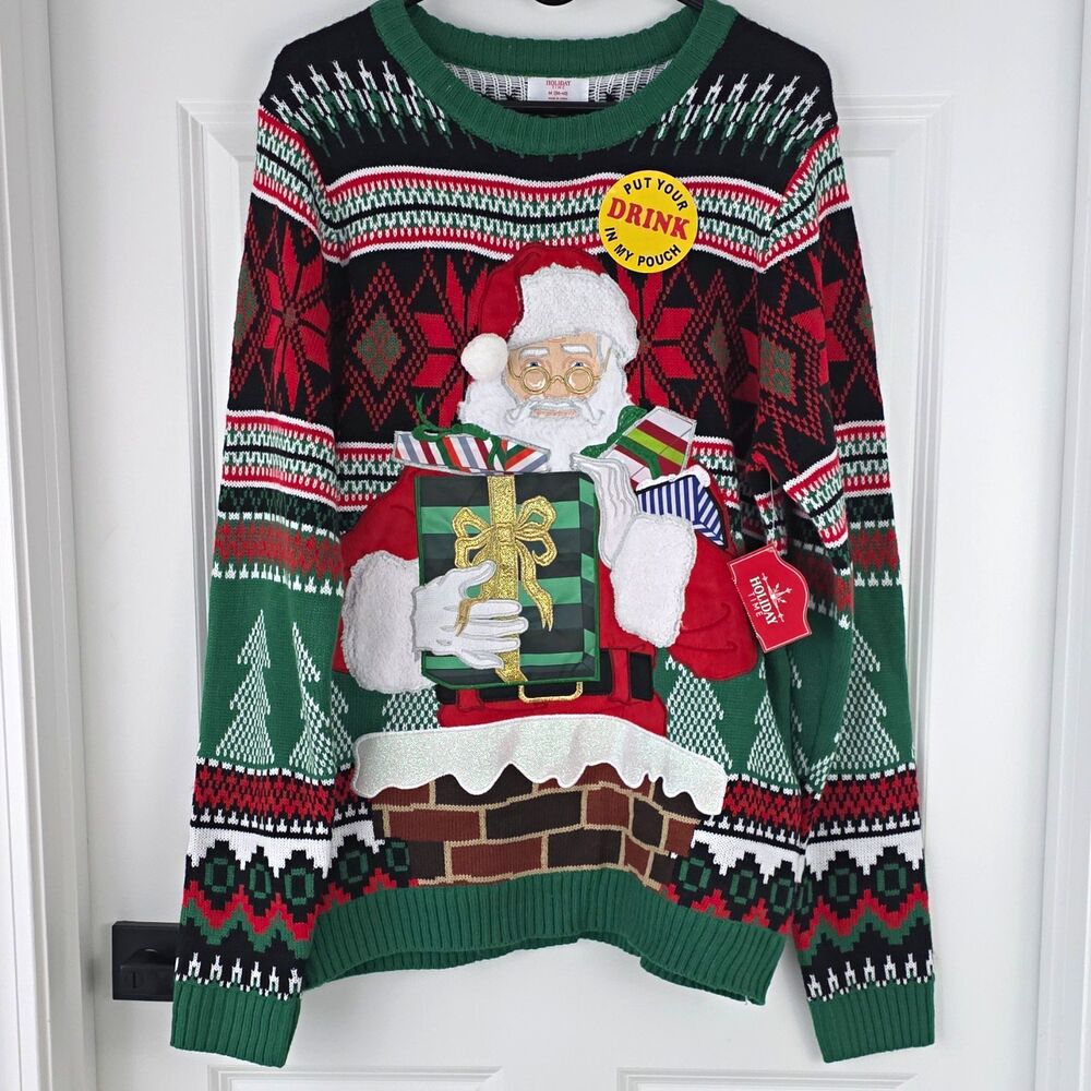 Holiday Time Men's Knit Crewneck Fair Isle Santa Drink Pouch Ugly Sweater NWT M